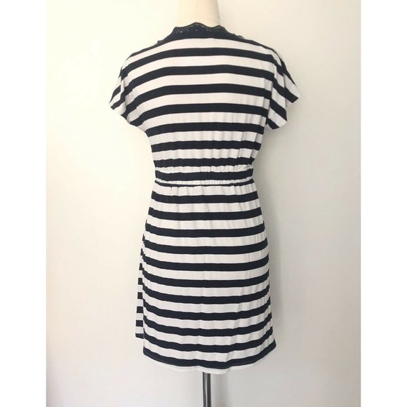 CHERRIE Striped Lace Detail V Neck Bow Mini Dress Tunic S 8 Cute Summer - Picture 2 of 4